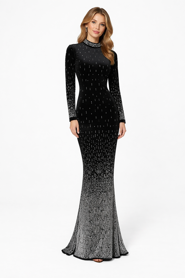 high neck embellished long sleeve maxi dress – RUBY