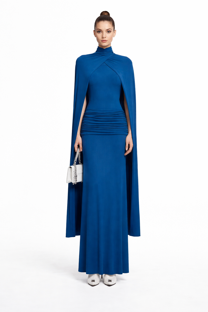 high neck ruched maxi dress with flowing cape – ROYAL
