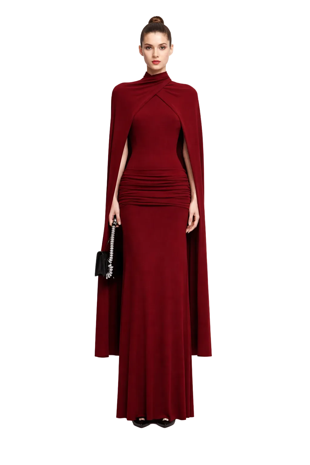 high neck ruched maxi dress with flowing cape – ROYAL