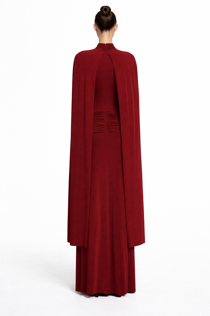 high neck ruched maxi dress with flowing cape – ROYAL