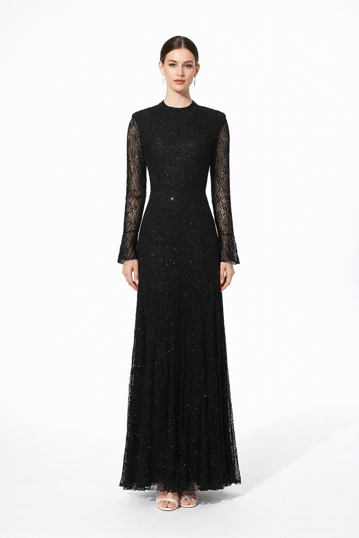 high neck lace embellished maxi dress – LACE