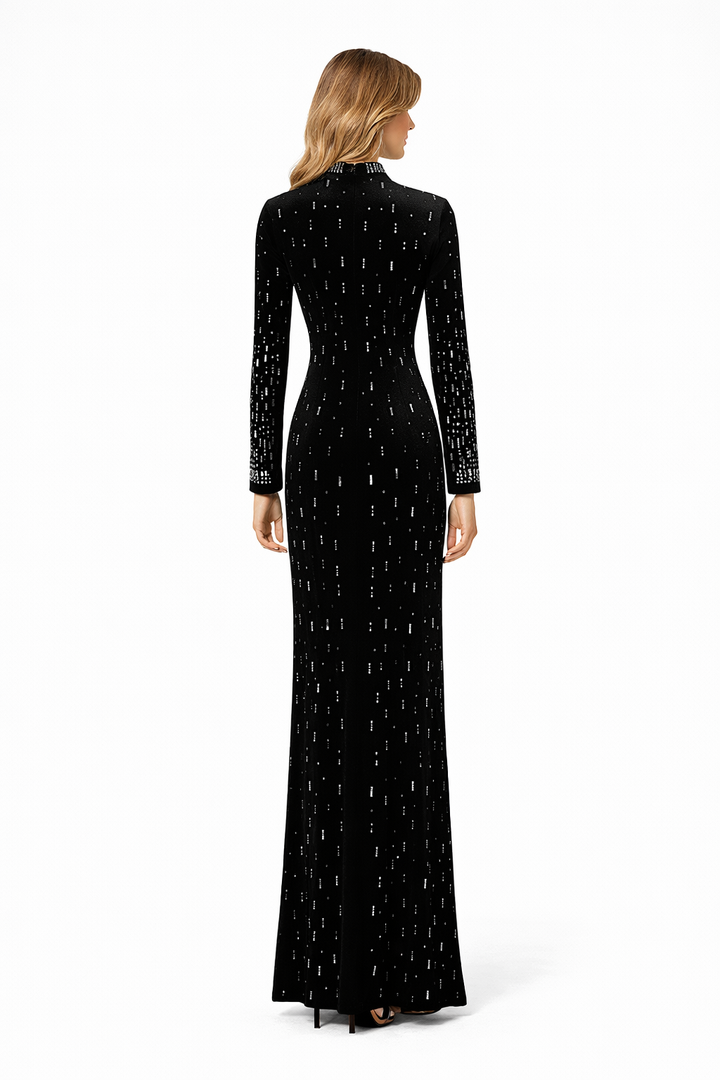 high neck embellished long sleeve maxi dress – RUBY