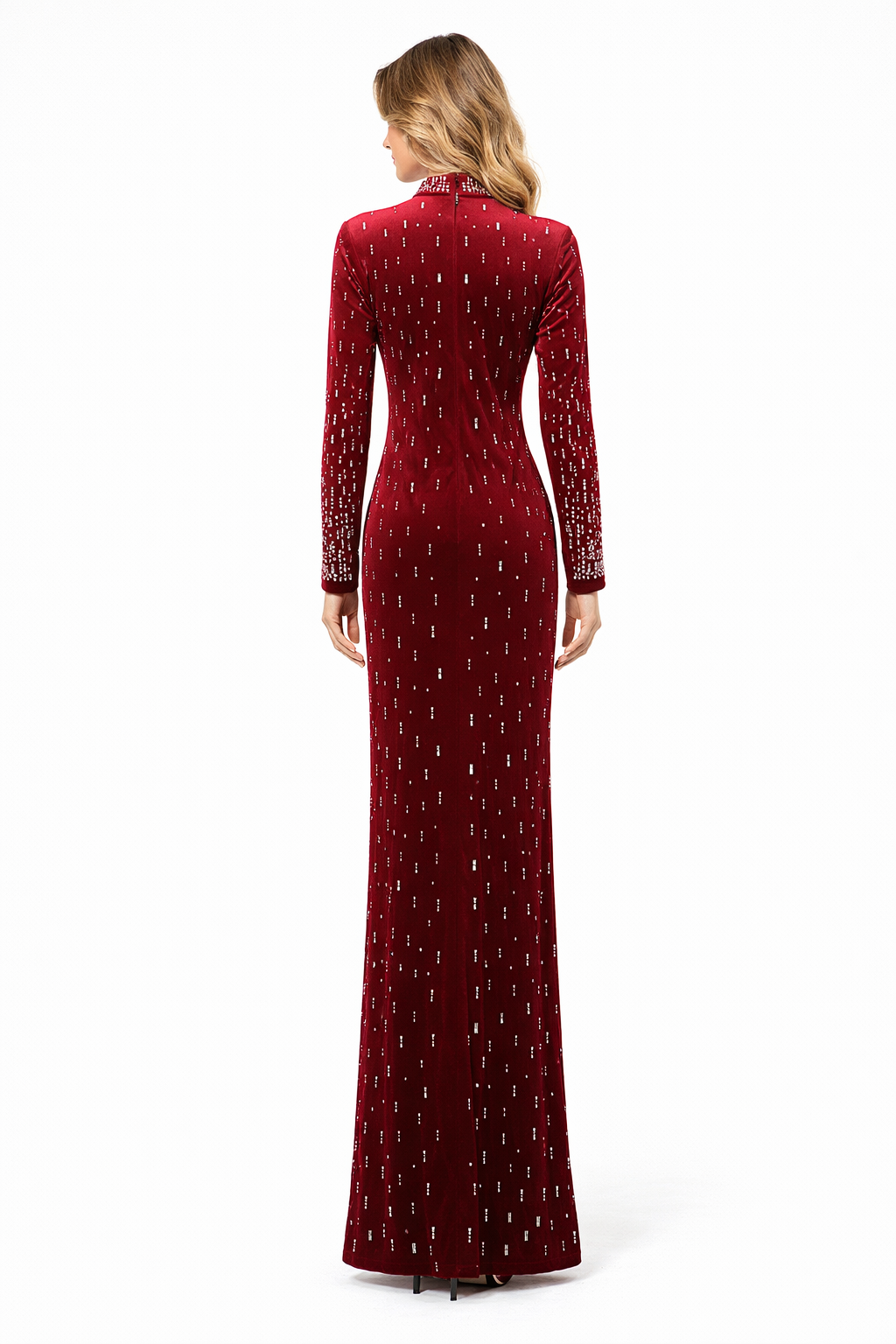 high neck embellished long sleeve maxi dress – RUBY