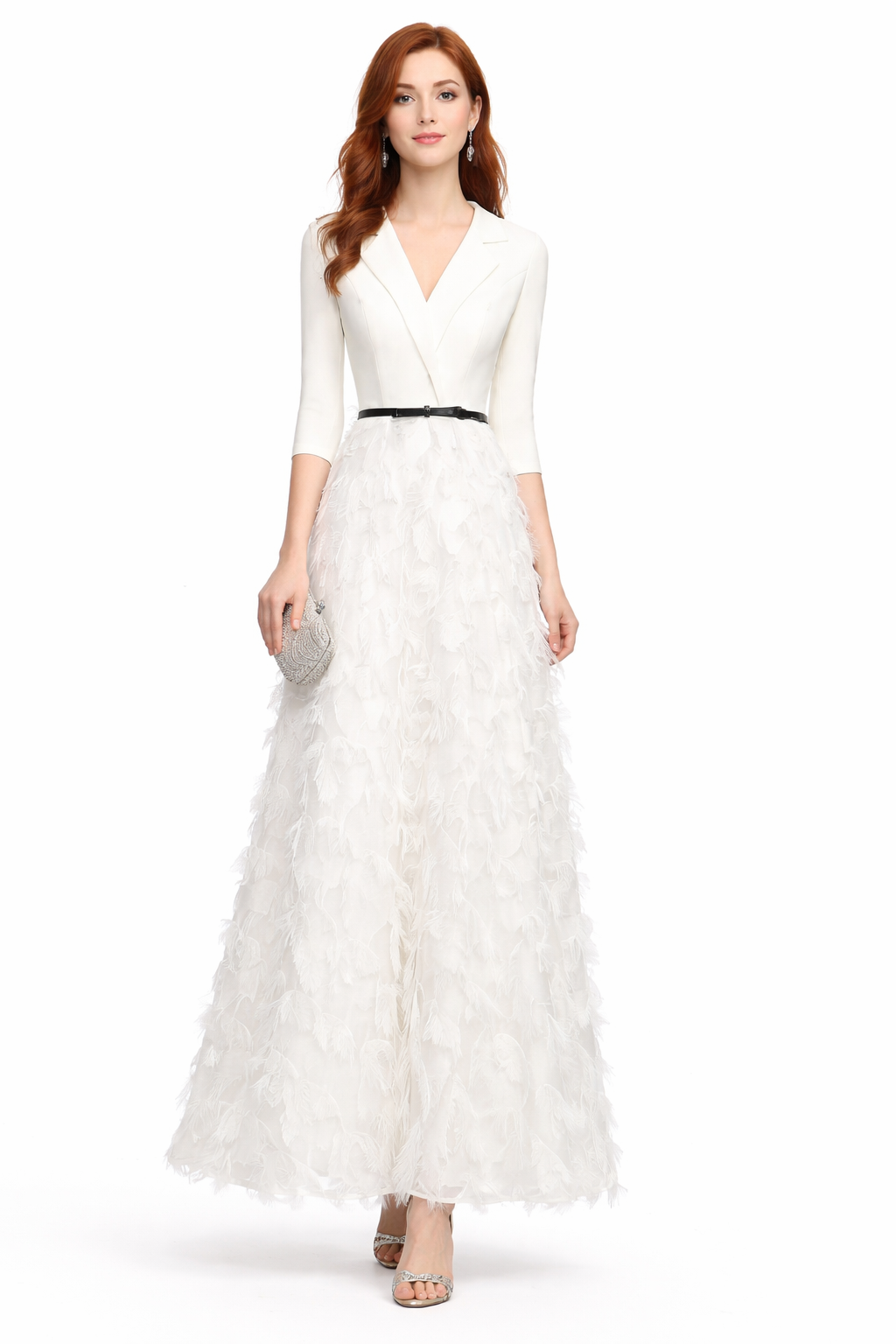 V-neck tailored bodice feather maxi dress – SCARLET
