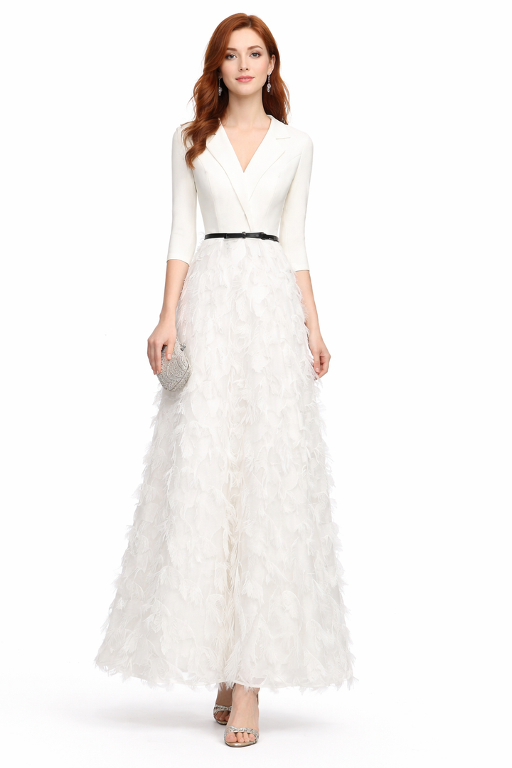 V-neck tailored bodice feather maxi dress – SCARLET