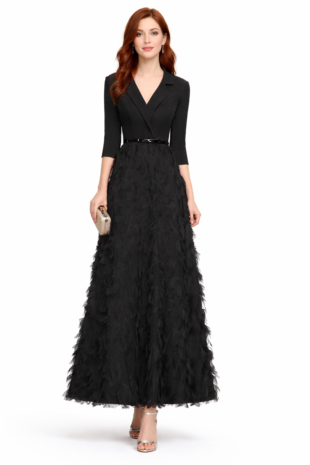 V-neck tailored bodice feather maxi dress – SCARLET