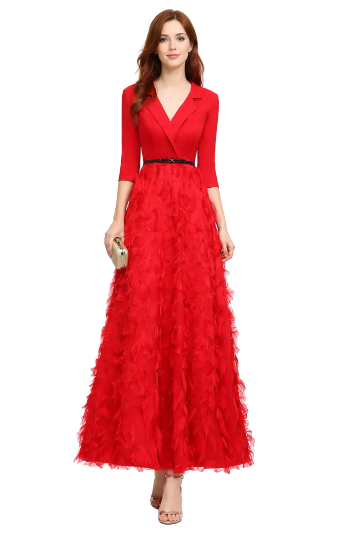V-neck tailored bodice feather maxi dress – SCARLET