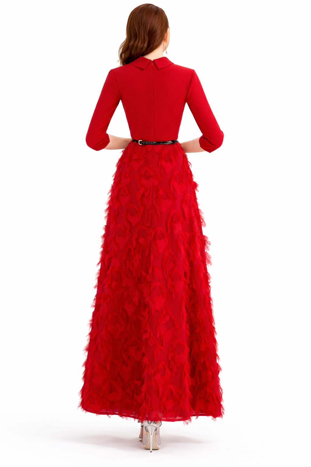 V-neck tailored bodice feather maxi dress – SCARLET