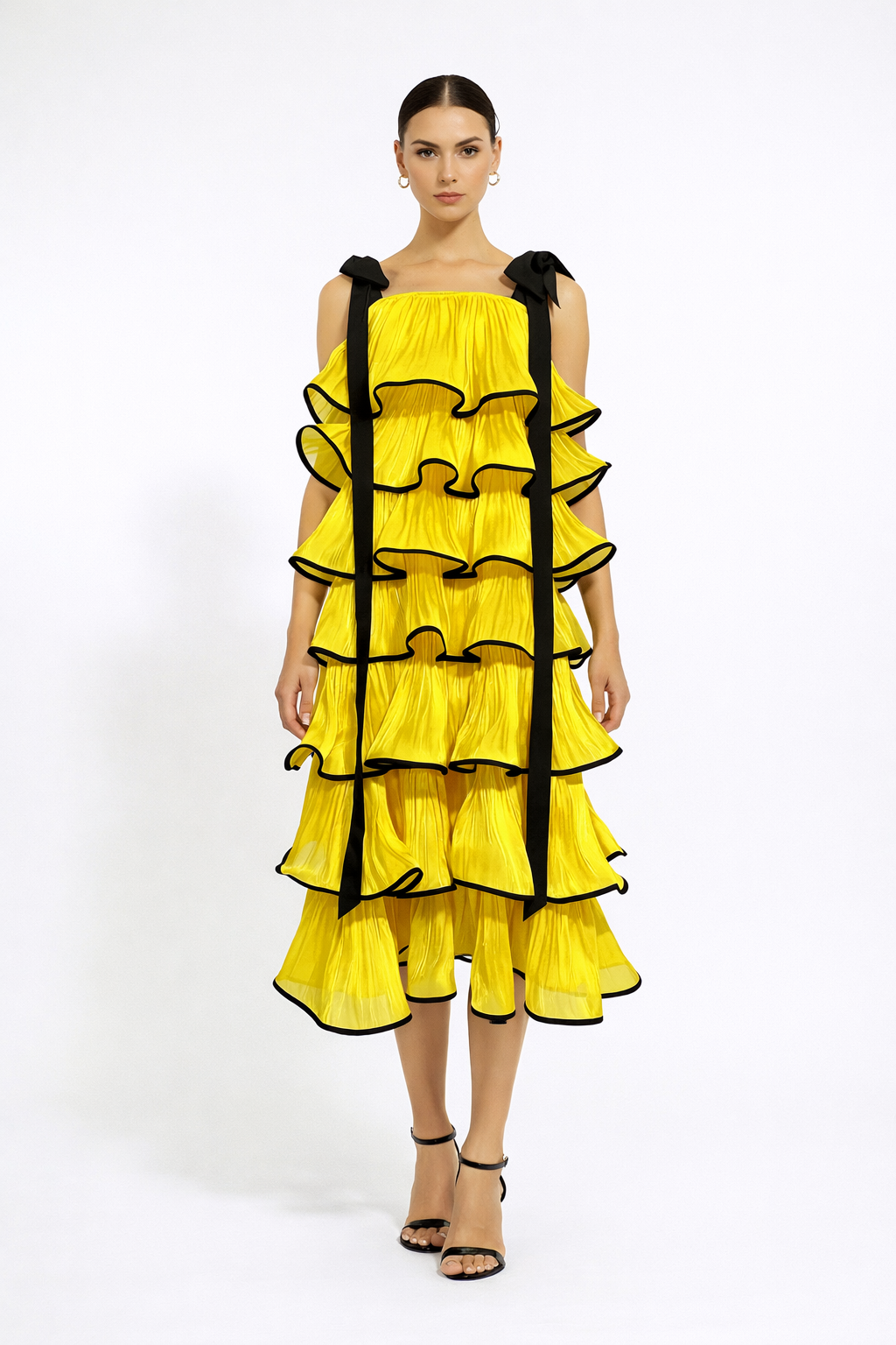 strapless tiered ruffle midi dress with contrast trim – DRAMA