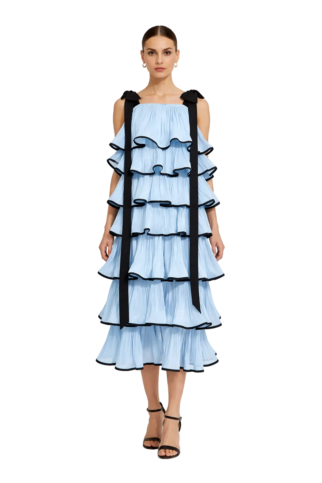 strapless tiered ruffle midi dress with contrast trim – DRAMA