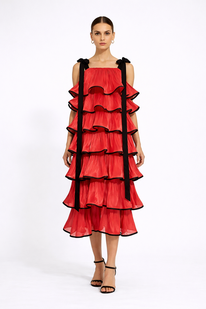 strapless tiered ruffle midi dress with contrast trim – DRAMA
