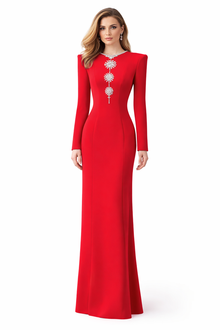 long sleeve column gown with crystal statement neckline – EMPRESS