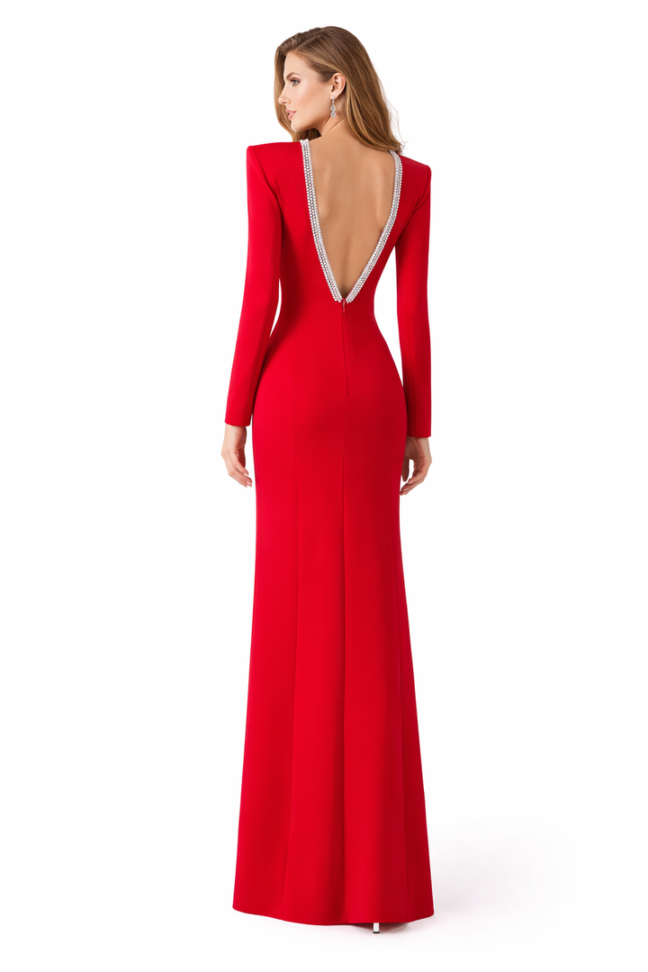 long sleeve column gown with crystal statement neckline – EMPRESS