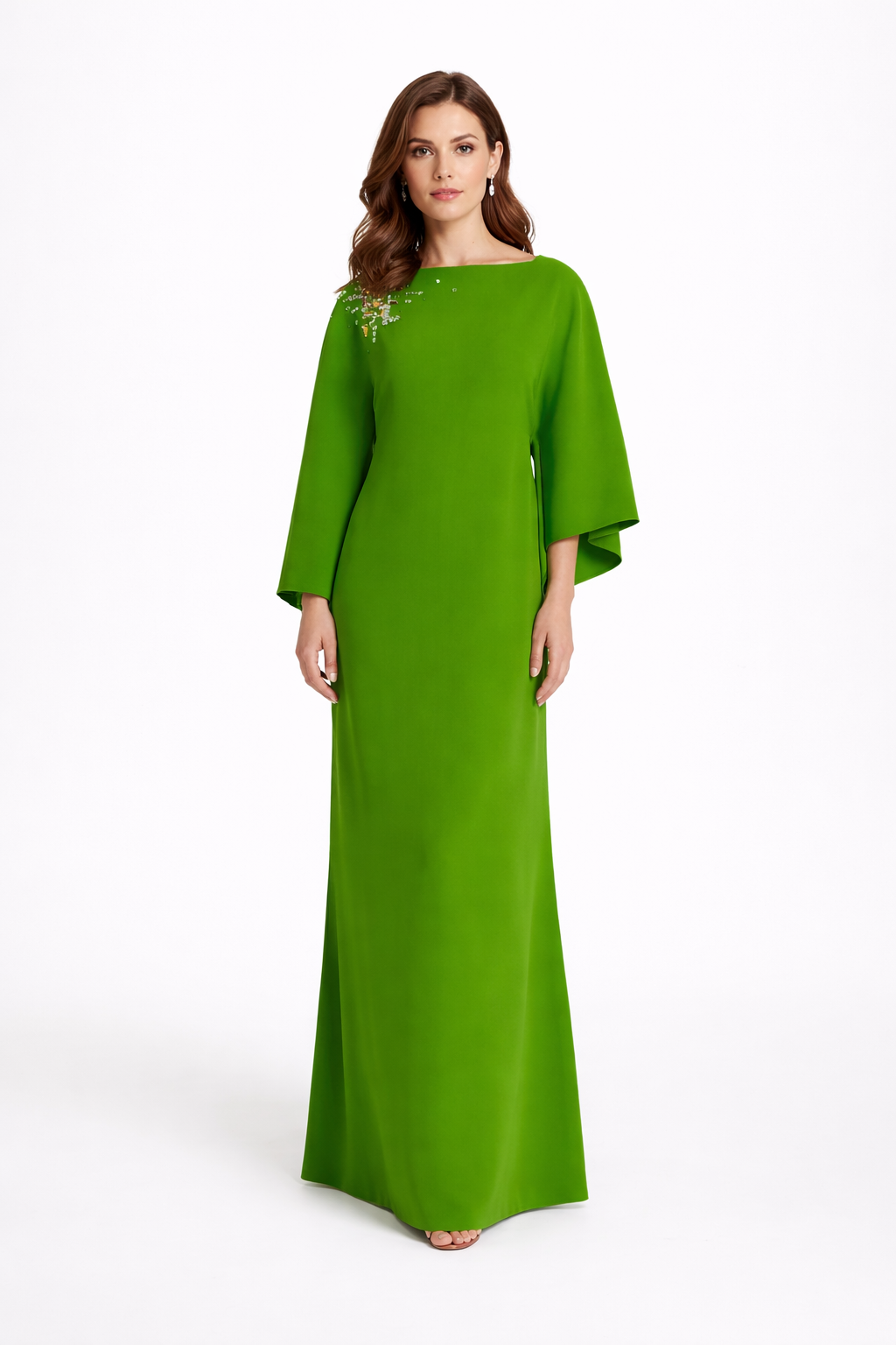 wide sleeve column dress with crystal shoulder detail – EMERALD