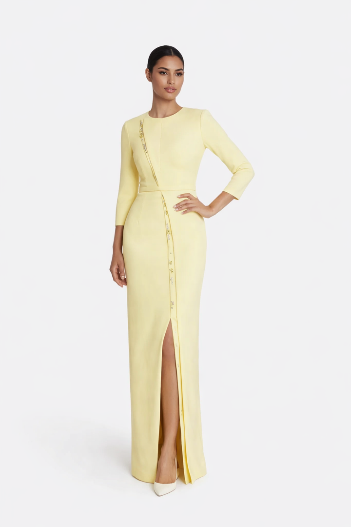 three-quarter sleeve column dress with crystal trim slit – LEMON