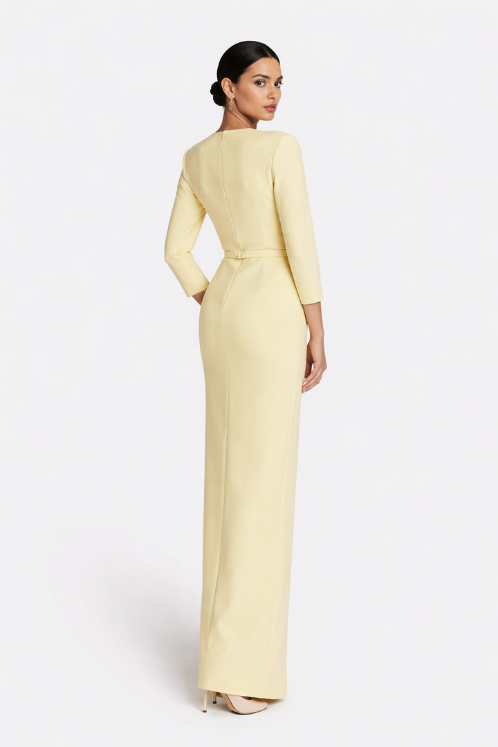 three-quarter sleeve column dress with crystal trim slit – LEMON