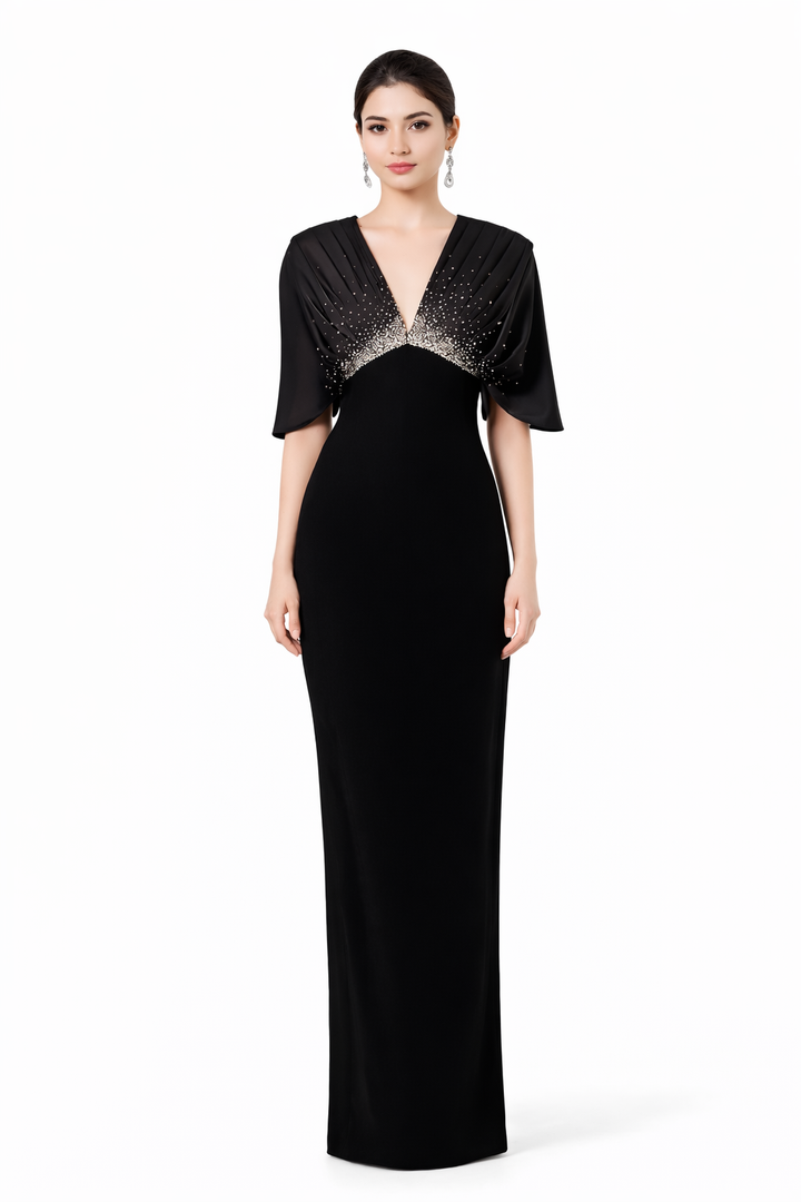 deep V embellished chiffon sleeve gown – SHIMMER