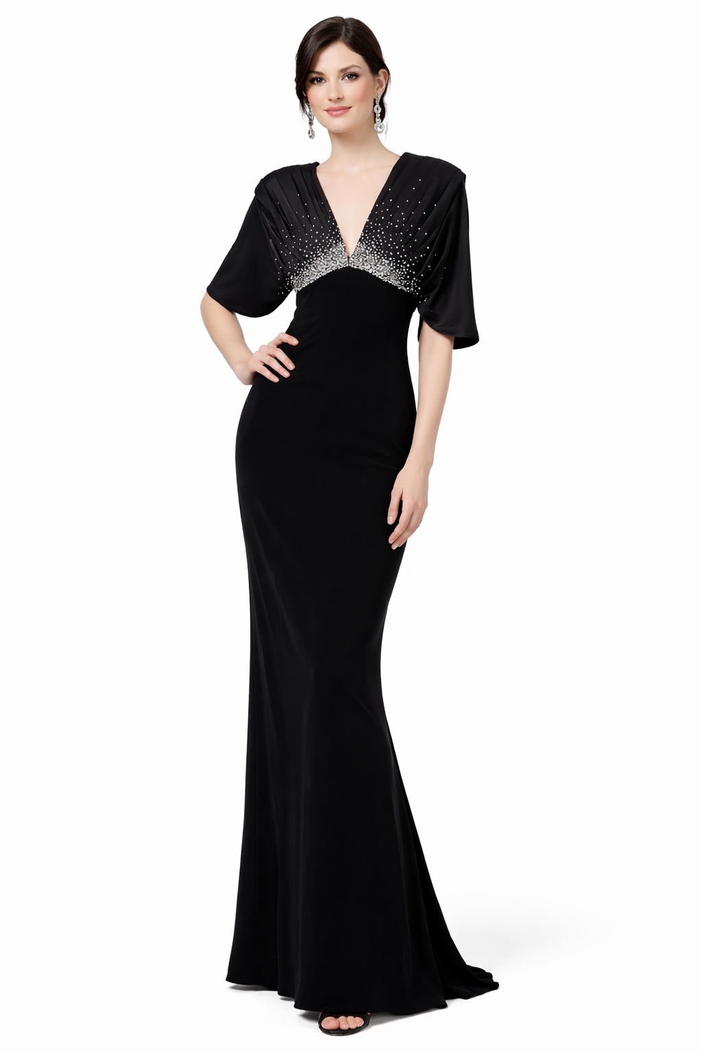 deep V embellished chiffon sleeve gown – SHIMMER