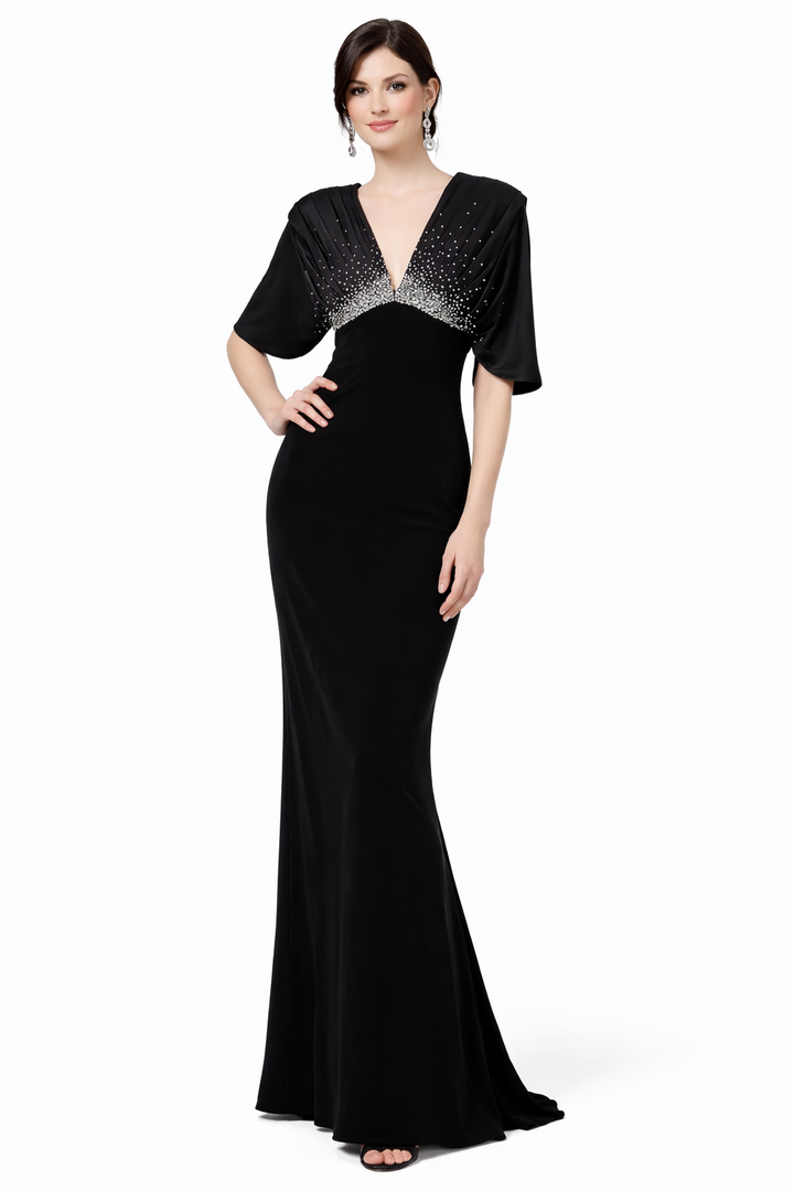 deep V embellished chiffon sleeve gown – SHIMMER