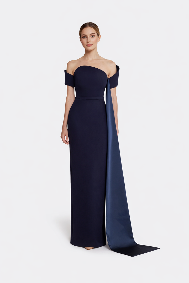 off-shoulder column gown with satin drape – ODD- ICON