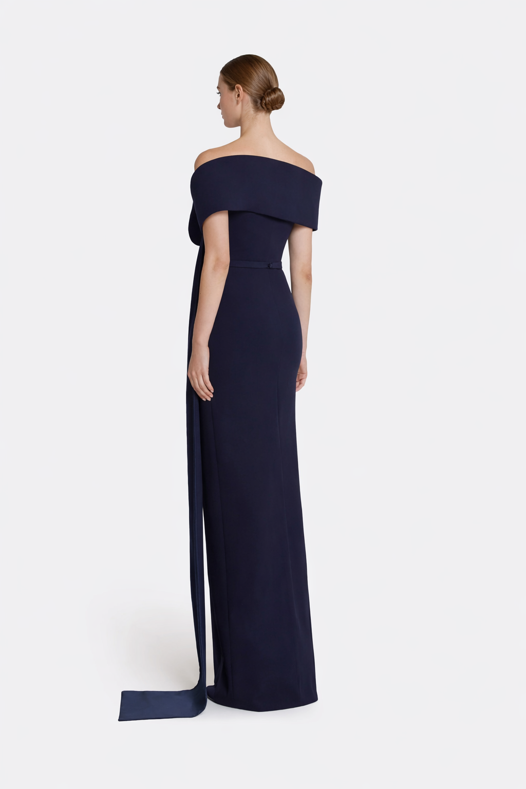 off-shoulder column gown with satin drape – ICON