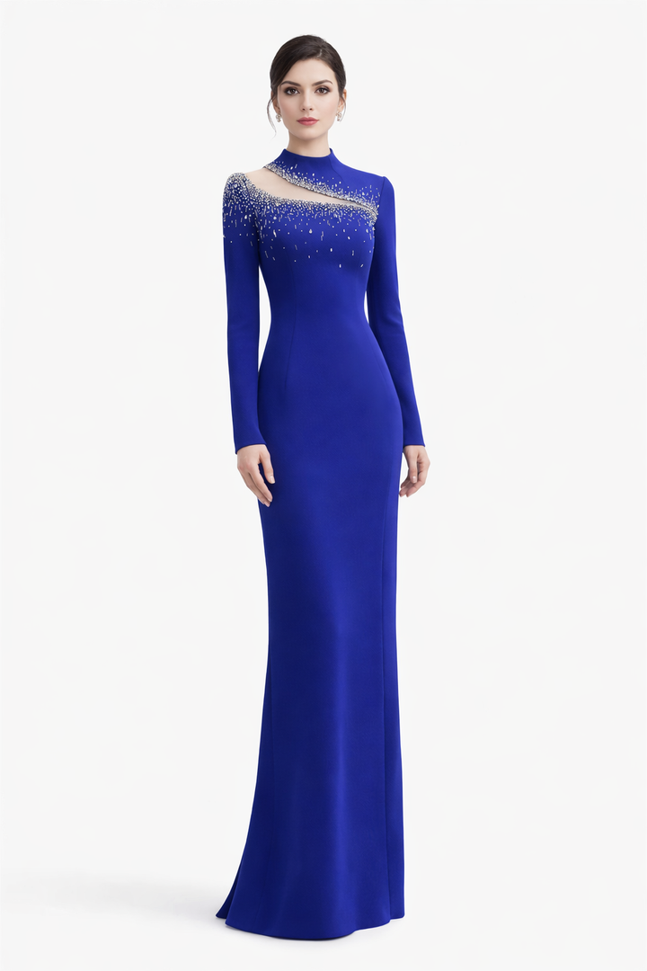 high-neck column gown with crystal illusion cutout – NOIR
