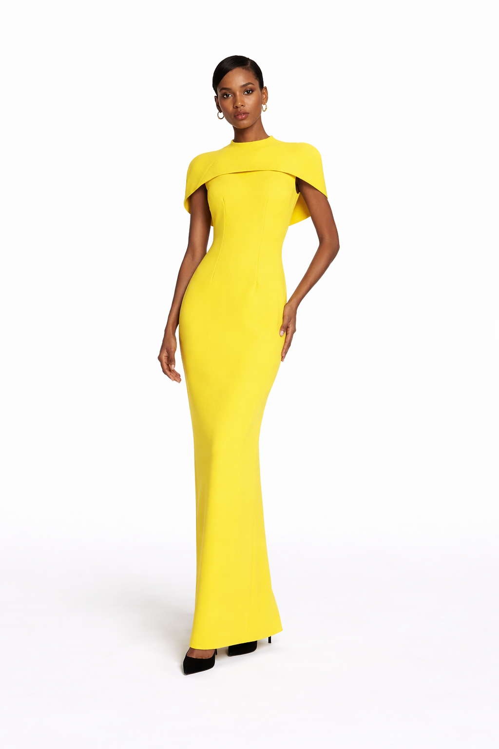 high-neck column gown with structured cape overlay – SUNBURST