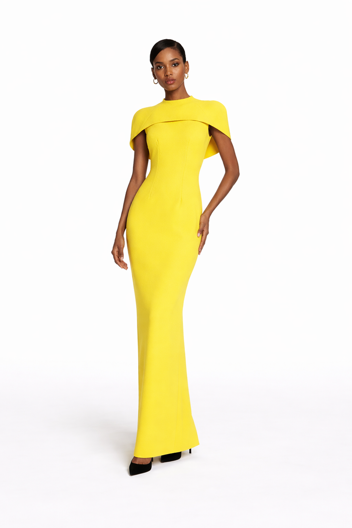 high-neck column gown with structured cape overlay – SUNBURST