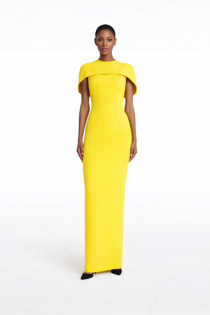 high-neck column gown with structured cape overlay – SUNBURST
