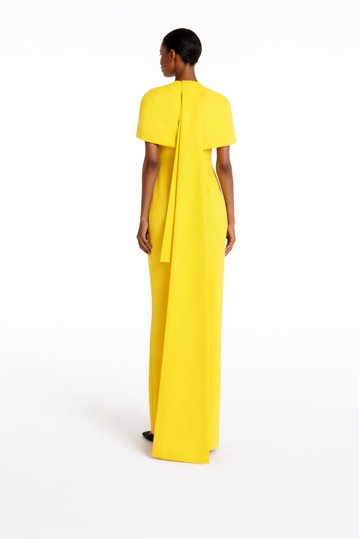 high-neck column gown with structured cape overlay – SUNBURST