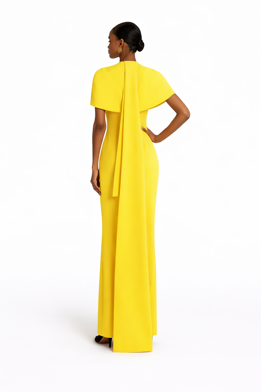 high-neck column gown with structured cape overlay – SUNBURST