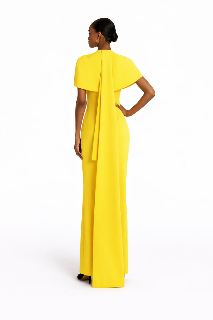 high-neck column gown with structured cape overlay – SUNBURST