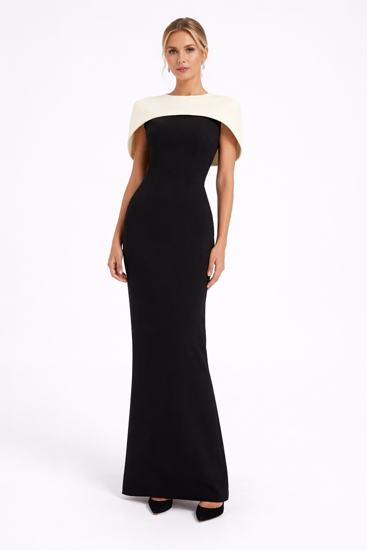 high-neck column dress with sculpted shoulder cape – Gofaan