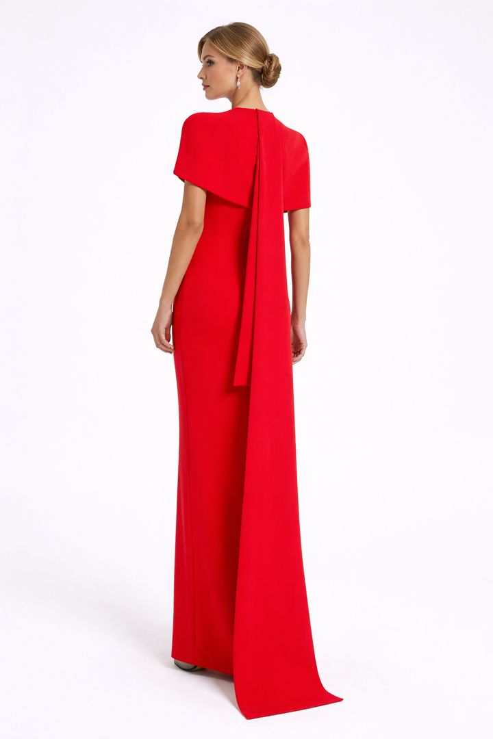 high-neck column dress with sculpted shoulder cape – Gofaan