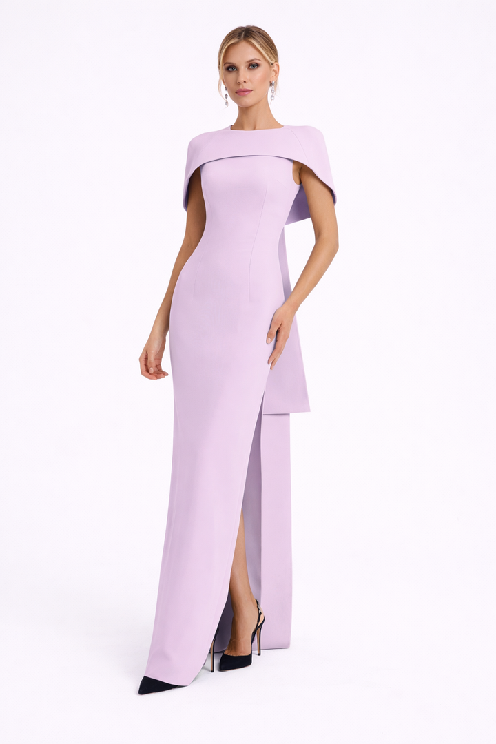 high-neck column dress with sculpted shoulder cape – Gofaan