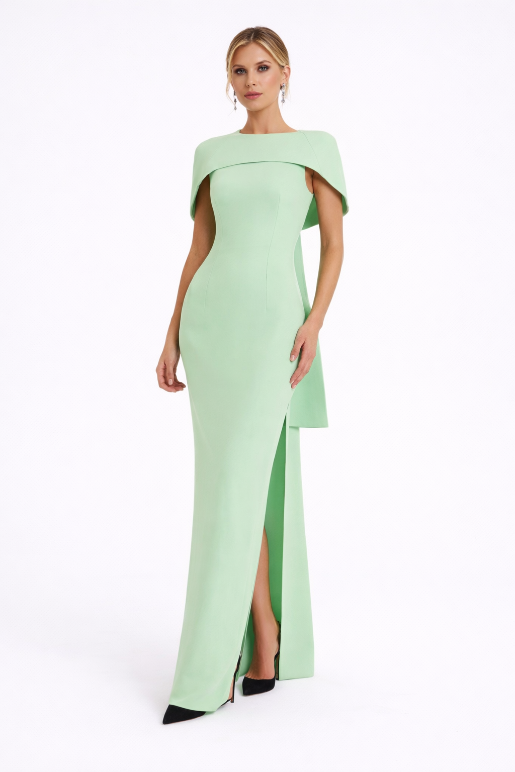 high-neck column dress with sculpted shoulder cape – Gofaan