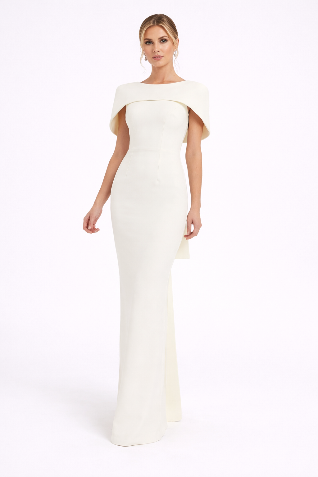high-neck column dress with sculpted shoulder cape – Gofaan