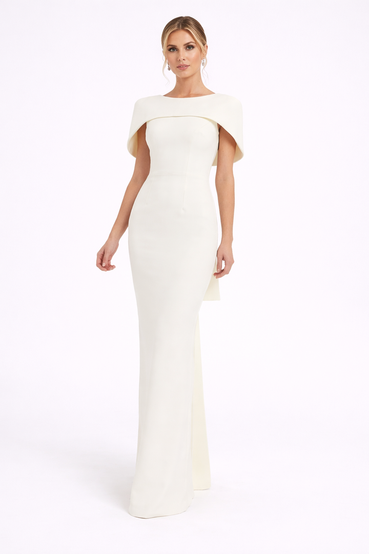 high-neck column dress with sculpted shoulder cape – Gofaan