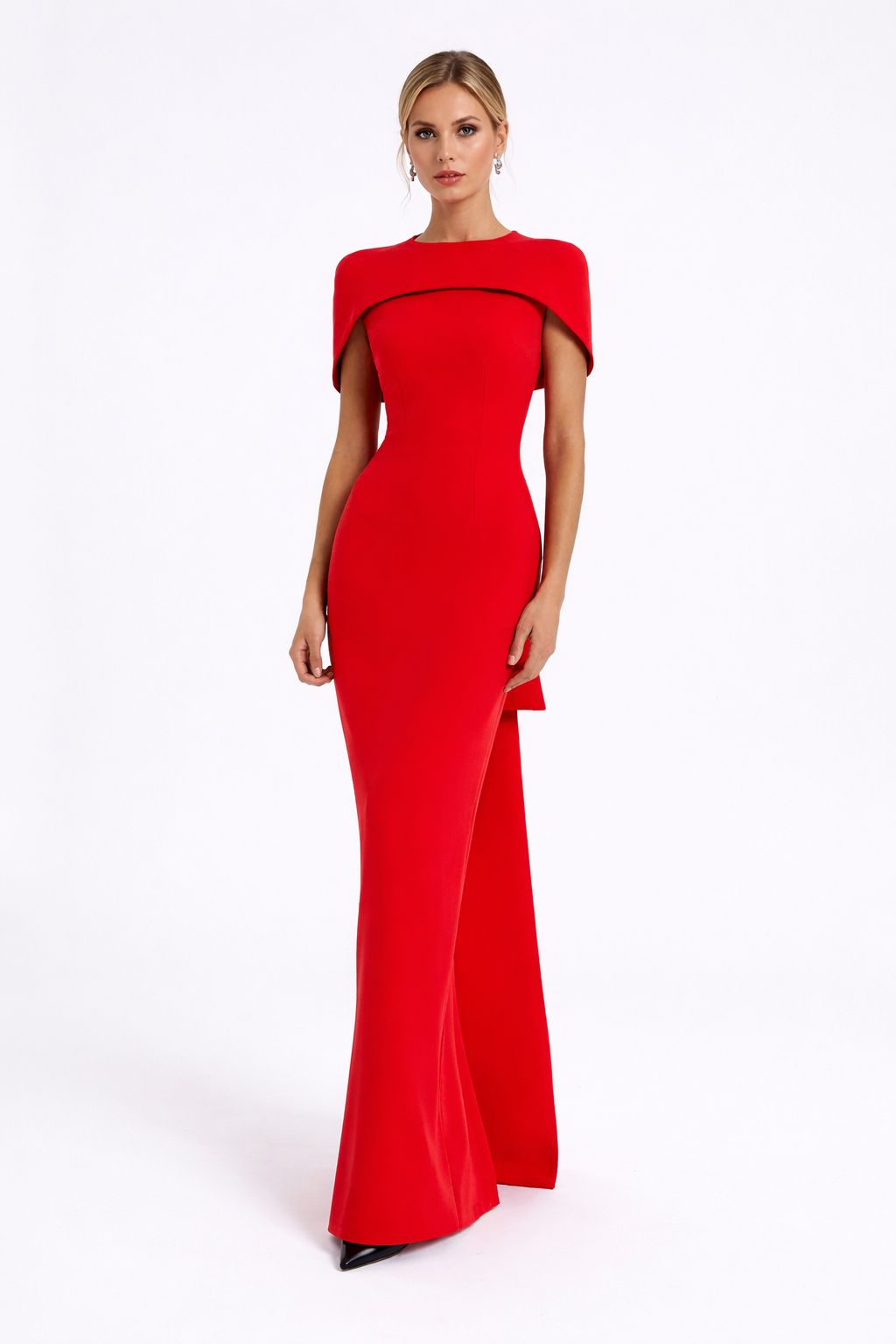 high-neck column dress with sculpted shoulder cape – Gofaan