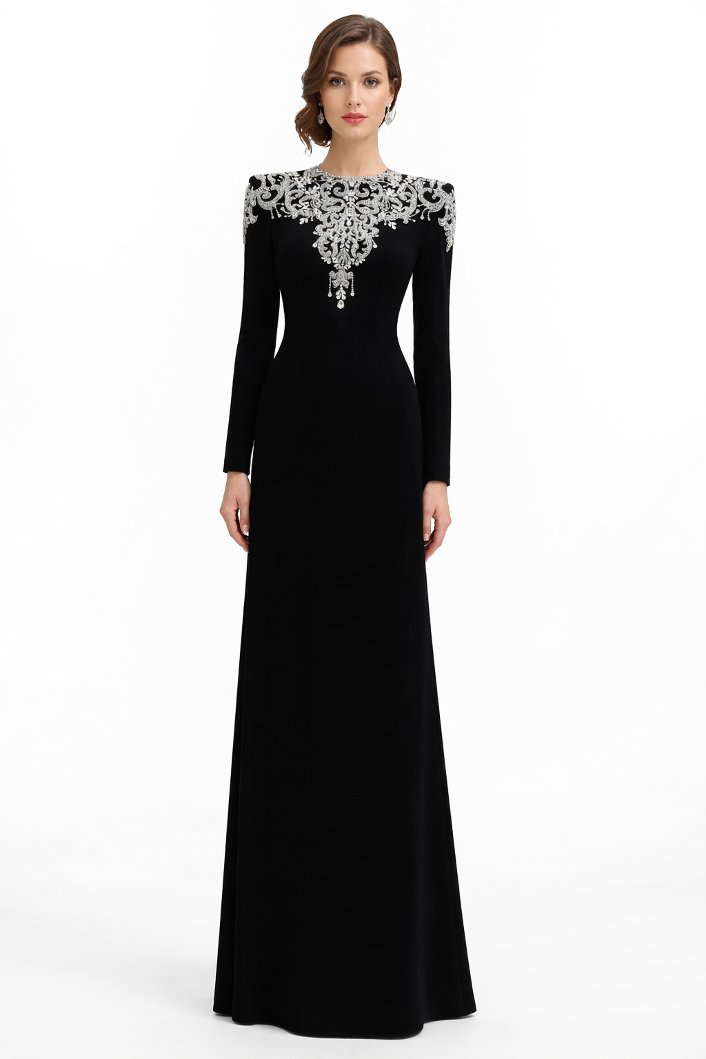 long-sleeve column gown with ornate crystal neckline – RANDO