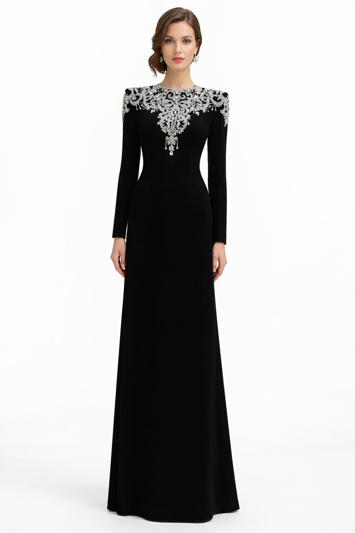 long-sleeve column gown with ornate crystal neckline – RANDO