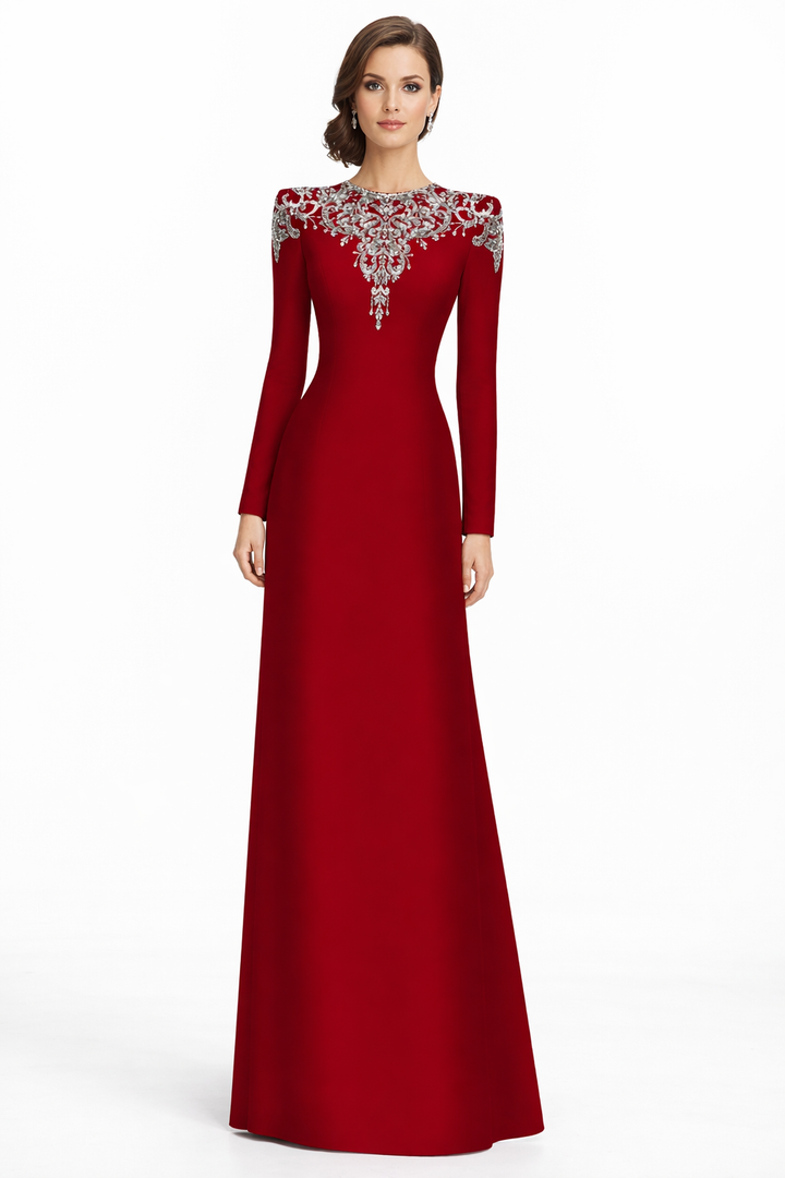 long-sleeve column gown with ornate crystal neckline – RANDO