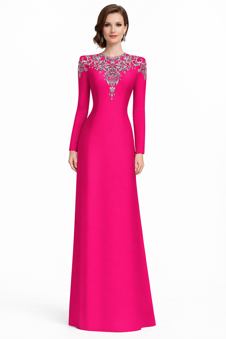 long-sleeve column gown with ornate crystal neckline – RANDO