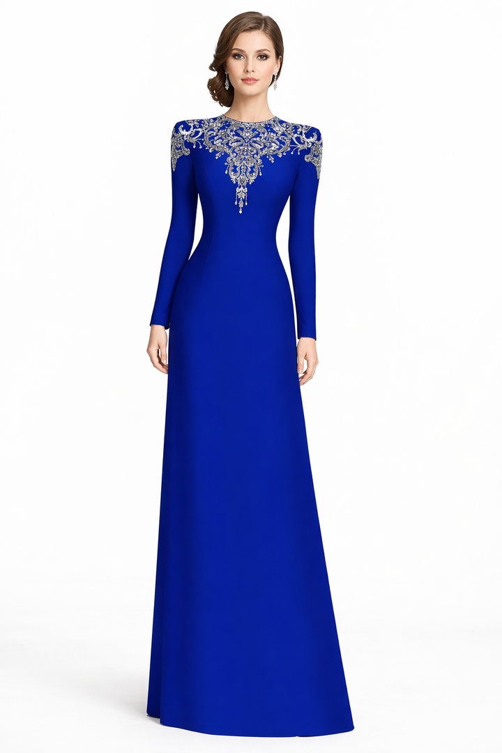 long-sleeve column gown with ornate crystal neckline – RANDO