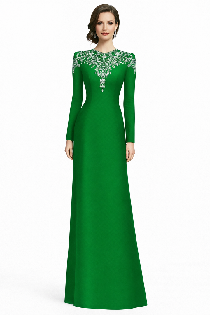 long-sleeve column gown with ornate crystal neckline – RANDO