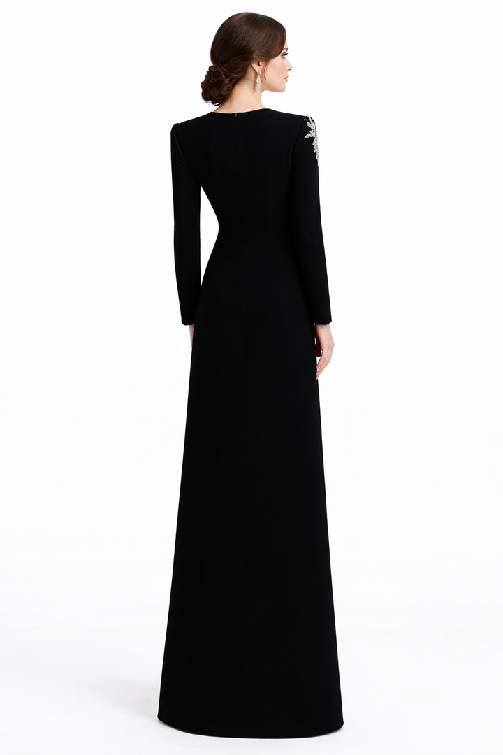 long-sleeve column gown with ornate crystal neckline – RANDO
