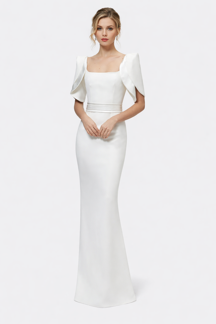 square-neck column gown with sculpted cape sleeves – GRACEL