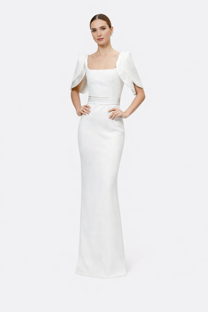 square-neck column gown with sculpted cape sleeves – GRACEL