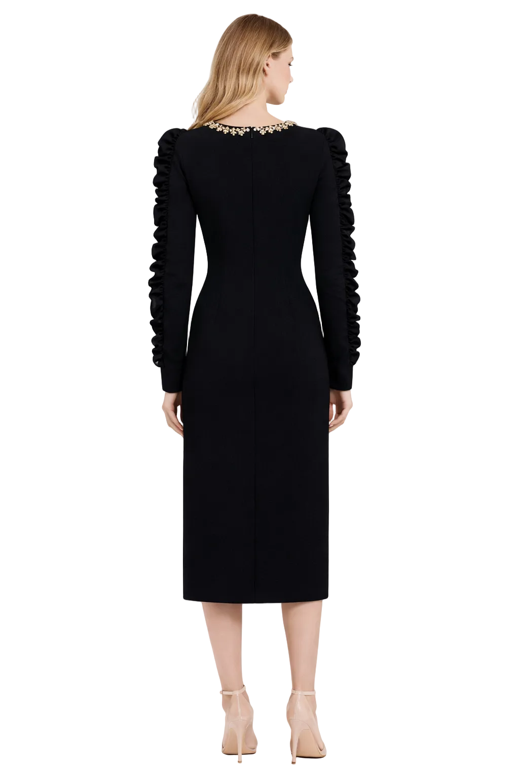 long-sleeve column dress with ruffled sleeves and crystal neckline – DALIYE