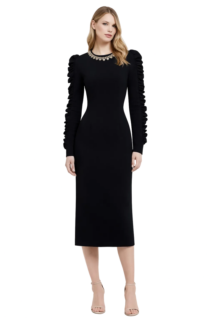 long-sleeve column dress with ruffled sleeves and crystal neckline – DALIYE